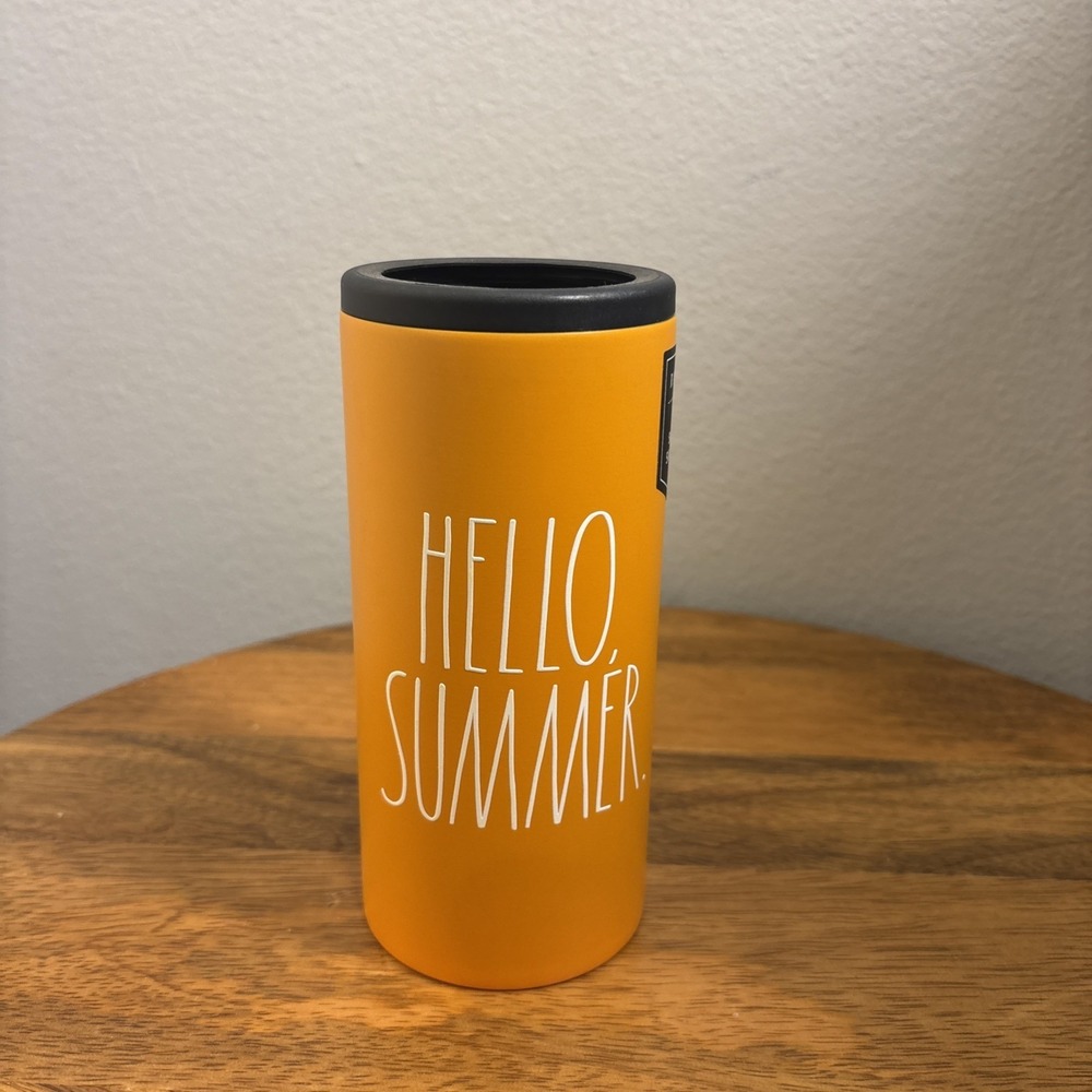 NEW Rae Dunn HELLO SUMMER Insulated Stainless Steel Slim Can Cooler Yellow